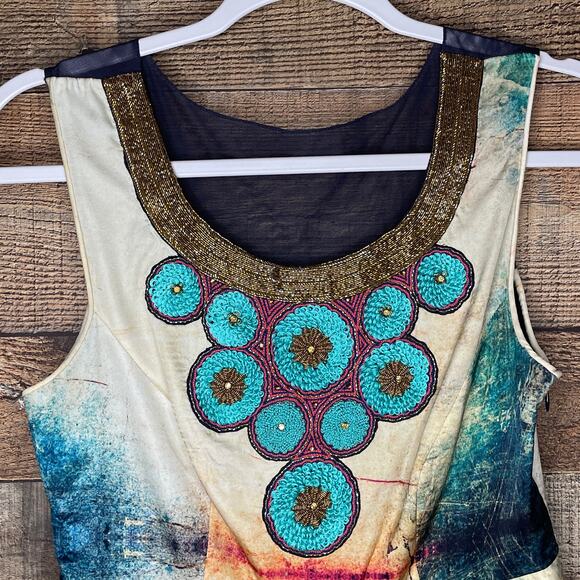 Anthropologie Bhanuni Jyoti Villette Necklaced Dress Beaded Watercolor SZ 2 - Picture 2 of 12